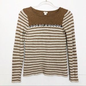 EUC J. Crew Tan Breton Striped Jeweled Pullover Sweater